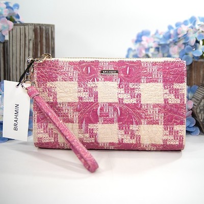 Brahmin Empower Sakura Gingham Pink Leather Daisy Clutch Wristlet NWT