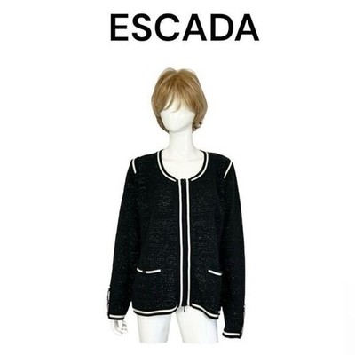 Escada Contrast Trim Metallic Threads Full Zip Knit Sweater Blazer Black XL