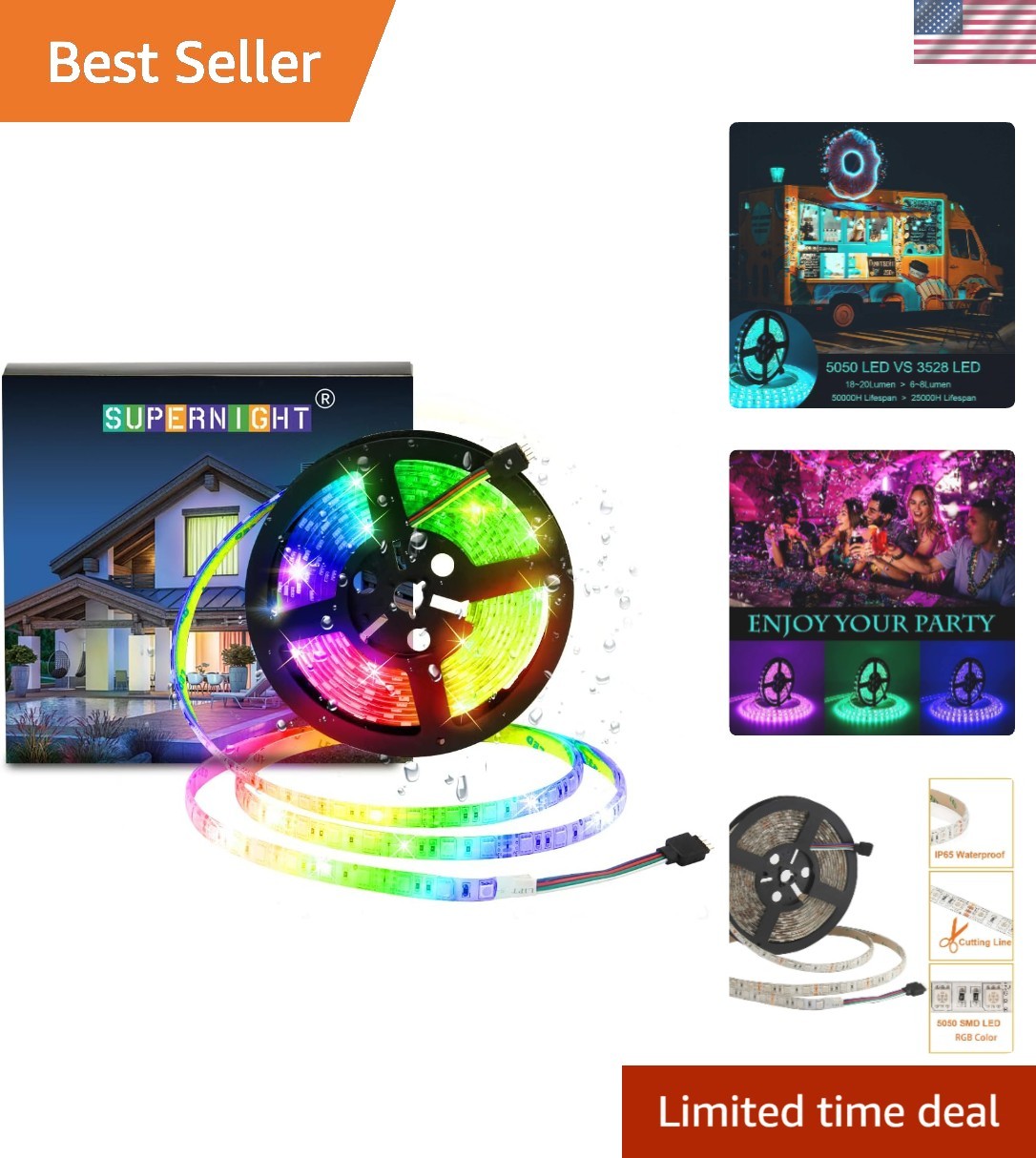 16.4FT RGB LED Strip Lights 5M 5050 SMD 300 LEDs Waterproof Color Changing-image