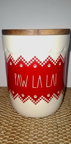 Rae Dunn "Paw La La" Canister w/ Wooden Lid Cat/Dog Treat Jar Pet Treat Canister