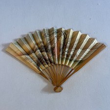 Vintage Wooden  Paper Hand Fan Fold Up 1950-1960s China KIN-WA-LOW