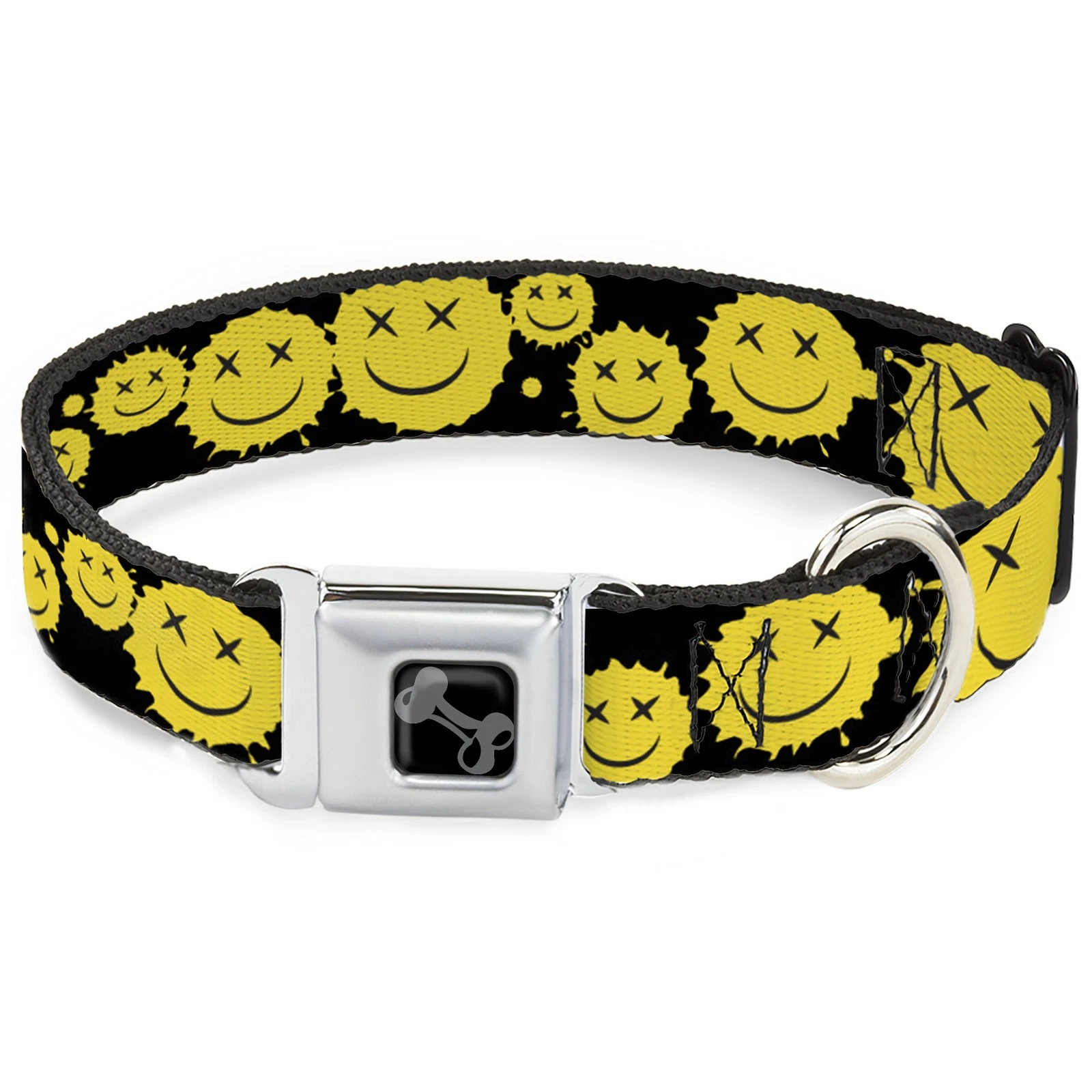 Dog Collar Bone Smiley Face Splatter Scattered Black/Yellow Large 15-24"