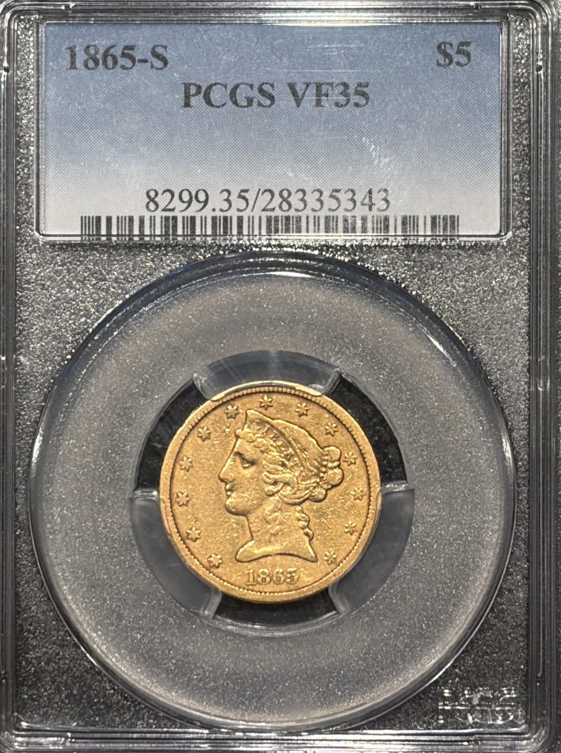1865-S $5 GOLD LIBERTY HALF EAGLE PCGS VF35 - TOUGH CIVIL WAR DATE!