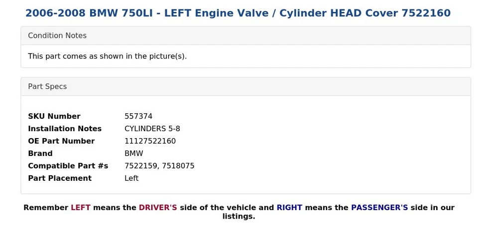 2006-2008 BMW 750LI - LEFT Engine Valve / Cylinder HEAD Cover 7522160 - Image 4 of 4