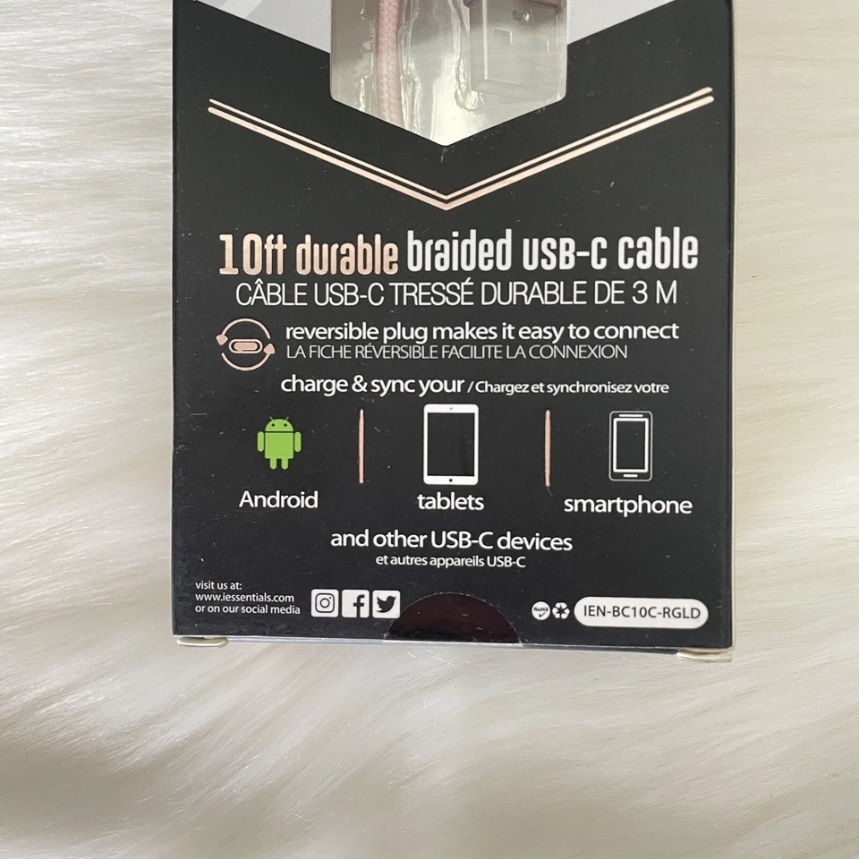 Usb-C Braided Cable Cord - Essentials 10 FT Rose Gold NEW - Image 3 of 4