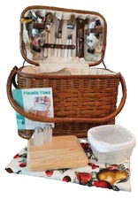 Picnic Time NEW Romance Rattan Bamboo Basket Plates Glasses Napkins Tablecloth! 