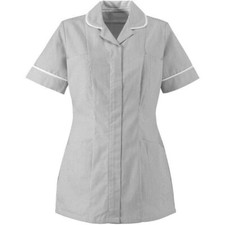 Ladies Nurses Tunic Healthcare Hospital Dental Doctor Grey Pinstrip White Trim