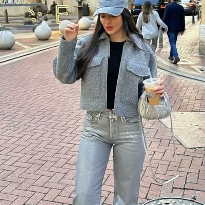 Solid Color Woolen Coat Women Flip Collar Crop Outerwear Retro