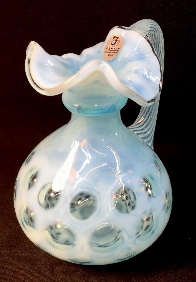 Fenton Art Glass Blue Topaz Opalescent Coin Dot Pitcher | eBay