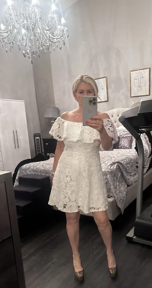 Forever 21 White Crochet Lace Mini Dress Small Off The Shoulder Summer - Image 3 of 4