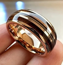 Men 8mm Tungsten Guitar String Whisky Barrel Wood Inlay Engagement Wedding Band