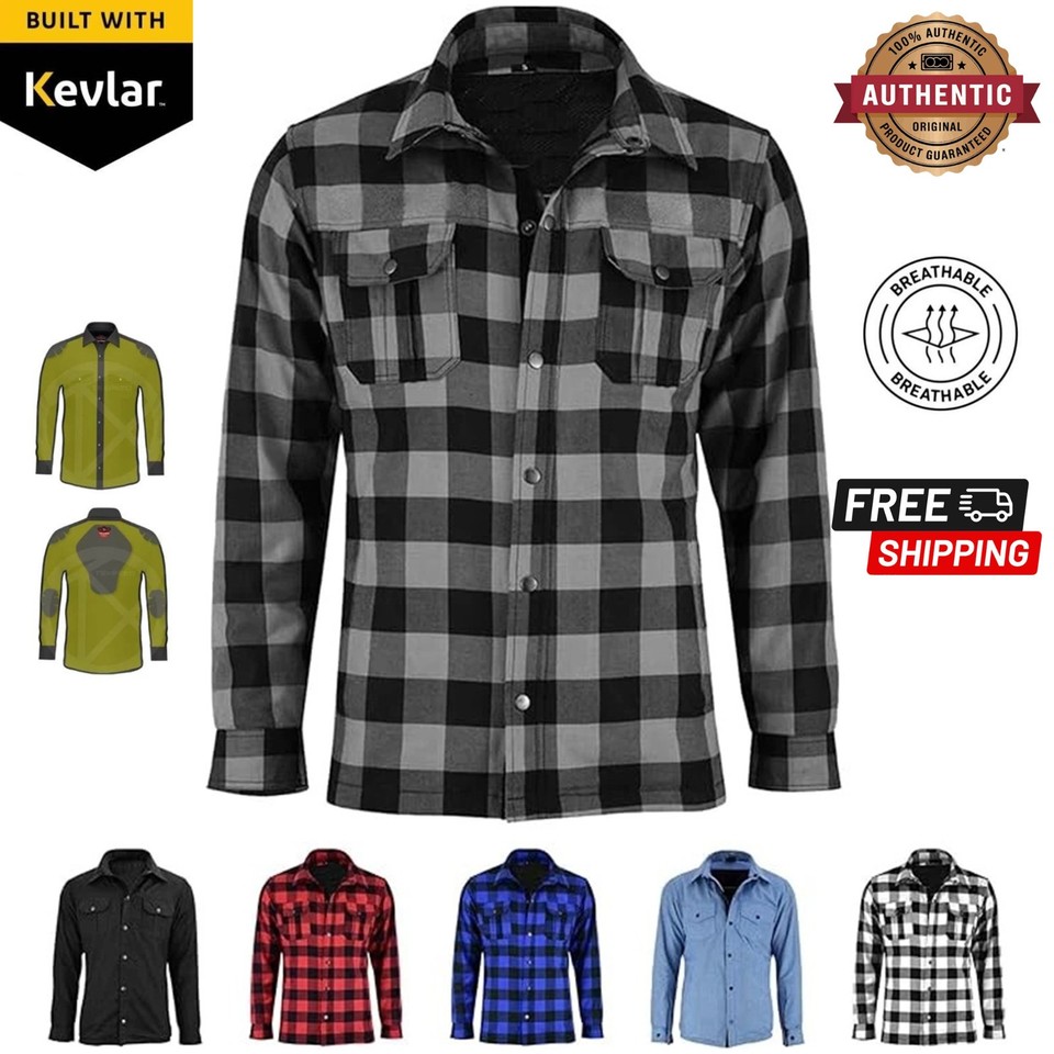 Men’s Armoured Motorcycle Riding Shirt Flannel Aramid Reinforced Protective Bike