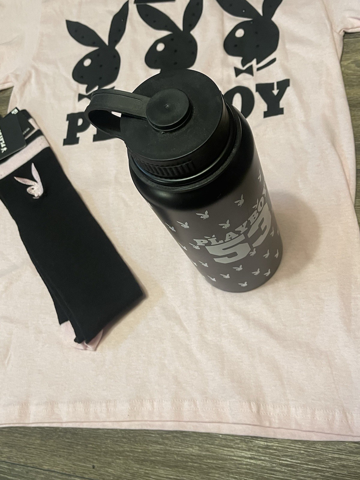 PLAYBOY  THREE BUNNY  bedazzled pink black T-SHIRT with matching socks + Bottle image 5