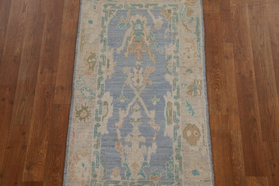 Hand-Knotted Unique Oushak Turkish Rug 2x4 Ft Blue Wool Carpet Transitional Rug - Image 3 of 4
