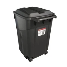  45 Gallon Wheeled Heavy Duty Plastic Garbage Can, Attached Lid, Black