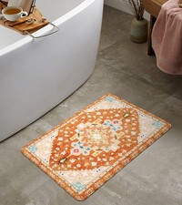 Boho Tribal Bathroom Rugs Orange Cute Floral Bath Mat Non-Slip Machine Washable