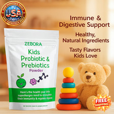 ZEBORA Kids Probiotic Powder 30 Packets, 5 Billion CFUs, Digestive Support