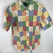 Scandia Woods Mens L Patchwork Quilt Check Plaid Button Short Sleeve Shirt Blue