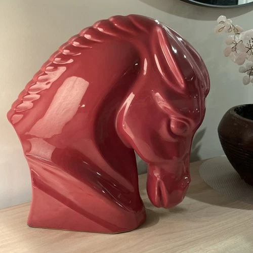 Vintage 1990s Haeger MCM Red Ceramic Horse Head Sculpture Modern Deco Art