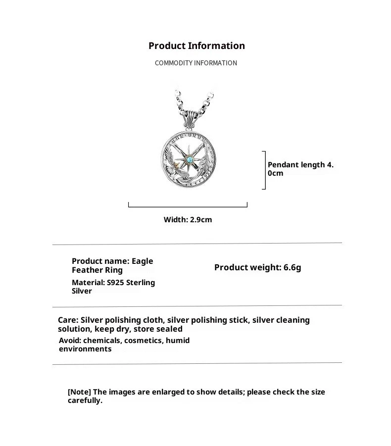 Винтажная байкерская бижутерия кулон компас с орлиным пером резьба серебро 925 пробы - Изображение 3 из 4