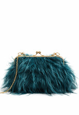 Emerald Green Faux Fur Clutch Bag Pearl Chain Strap Evening Party