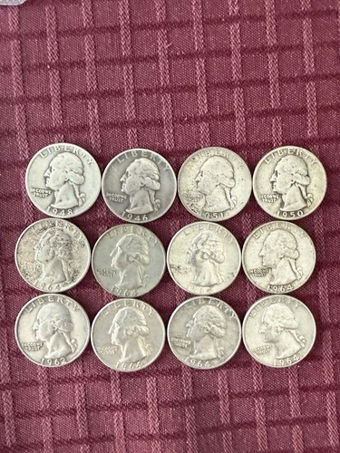 12 Silver Quarters 90% Pure 1940s,50s,60s In Very Good Shape