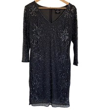 Pisarro Nights Womens Beaded V Neck Dress Grey Size 12 Cocktail Party Evening