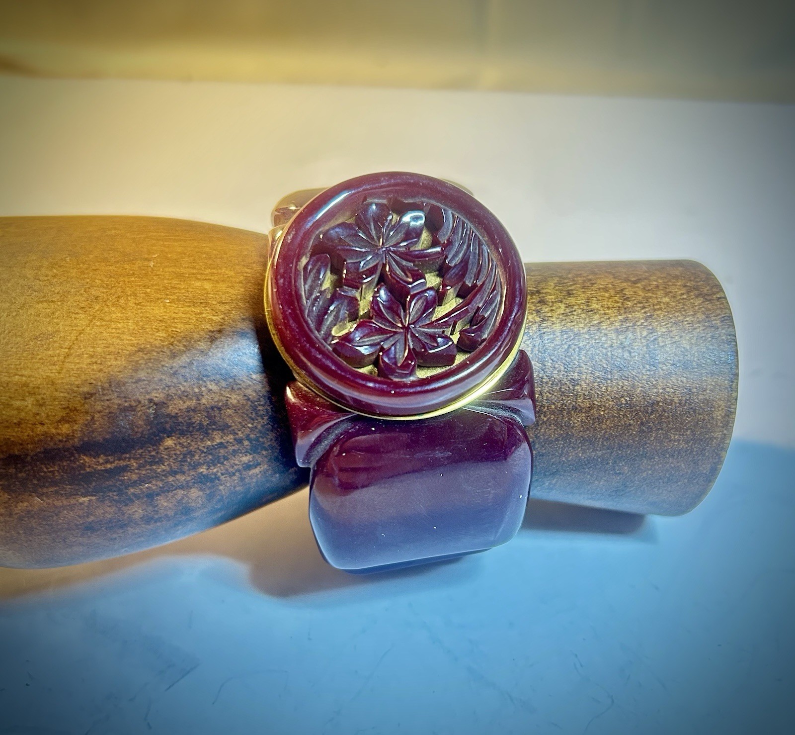 Vintage Bakelite Clamper 1” -1.5”Wide Carved Dark Cherry Bracelet TESTED