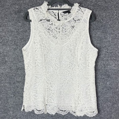 NEW White House Black Market Lace Top Womens 14 White Good  Mock Neck Shell