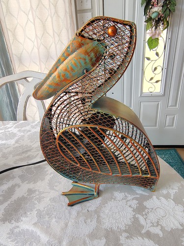 HandCrafted MetalWork Pelican Bird Fan, Copper/Turqouise Unique Table Top/Haning