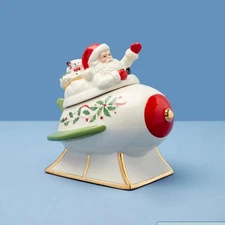 Lenox China Holiday Santa in Rocket Covered Candy Dish N/O