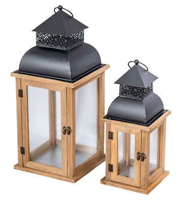 2er Set Laterne Braun Weiß Holz Metall Kerzenhalter Windlicht Holzlaterne