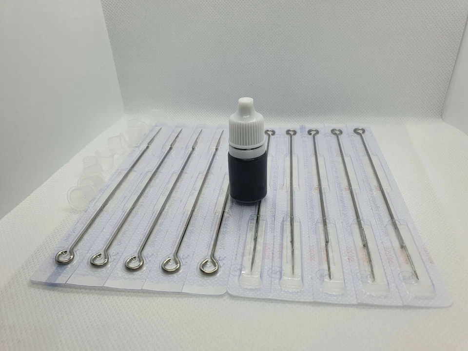 10 Needle Stick and Hand Poke Tattoo Refill Kit - Needles / Ink / Cups
