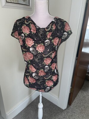 Liquor Brand Women s Blouse Small Sheer With Roses And Skulls 