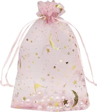 100PCS Moon Star Organza Bags 5''X7'' Pink Mesh Gift Bags Drawstring Jewelry Mak