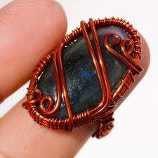 Blue Fire Labradorite Gemstone Copper Ring Handcrafted Wire Wrap Jewelry 9" z123