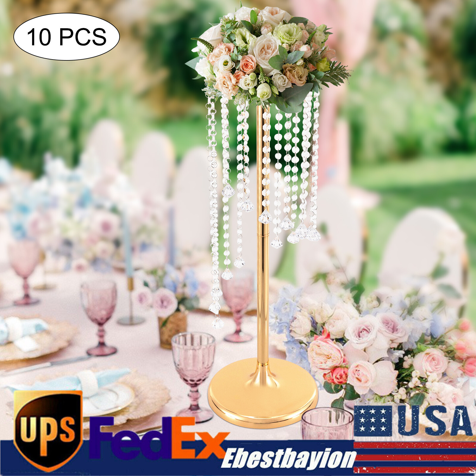10 Pcs 27.5inch Tall Wedding Centerpieces Silver/Gold Vases Crystal Flower Vase