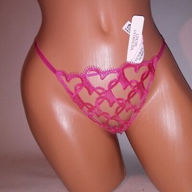Victoria Secret Panty Thong V String Sheer Pink Hearts Embroidered Dream Angels