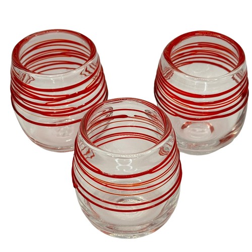 3 Hand Blown Art Glass Candle Votive Holders Clear With Spun Glass Red Spirals - Picture 3 of 5