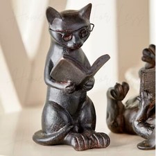 Rustic Cat Reading Garden Figurine Resin Statue Sculpture Tabletop Home Decor