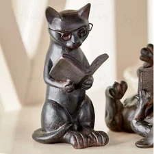 Rustic Cat Reading Garden Figurine Resin Statue Sculpture Tabletop Home Decor
