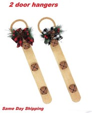 Rustic Christmas Burlap Door Knob Hanger Large Jingle Bells and Bows - Set of 2