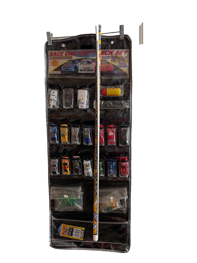 Vintage Race Car and Track Set Vehicles Mat Accessories in Hanging Bag READ
