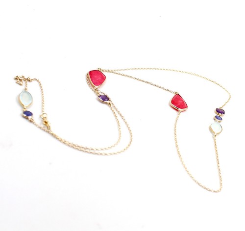 Long Silver Gold Plated Necklace 36 inch Multi Gemstone 925 Sterling Silver - Picture 3 of 4