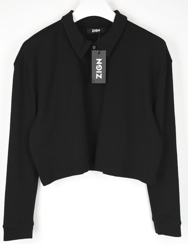 Zign Sweatshirt Damen XL Pullover Abgeschnitten Polo Kragen Schwarz