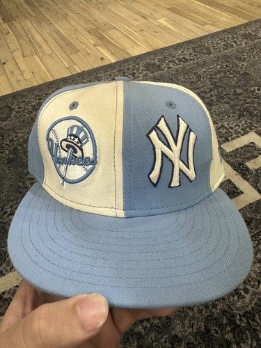 Size 7 1/4 sky blue yankees fitted hat double logo - Picture 1 of 3