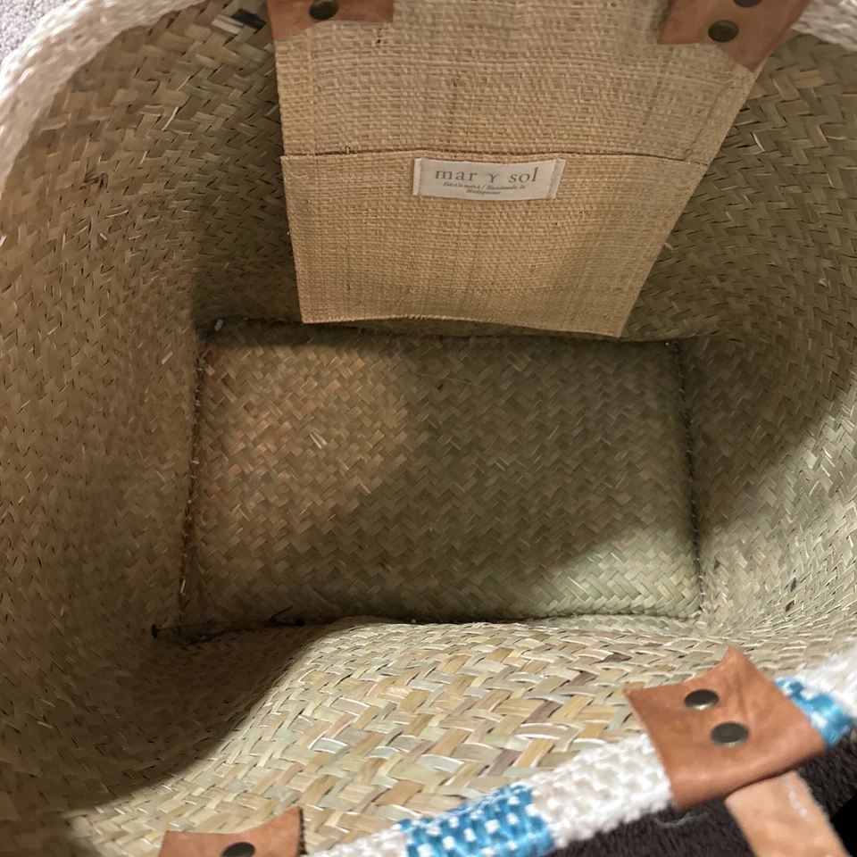 Mar Y Sol beach tote bag, Raffia Tote. Aqua And Beige Straw Bag. New. Pool Bag - Image 3 of 4