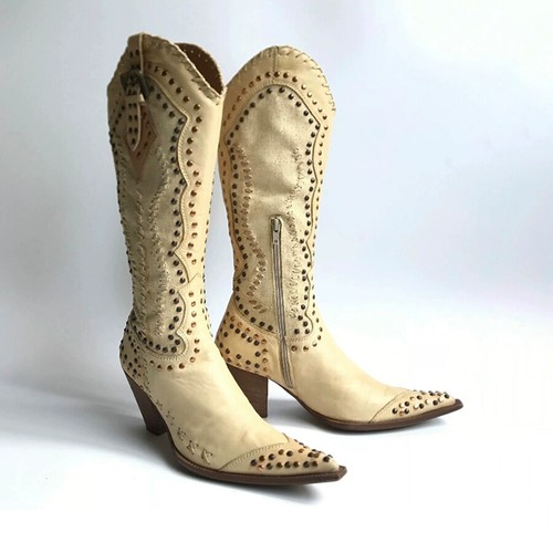 Retro American Style Western Cowboy Womens Knee High Boots Block Heel Rivets Zip