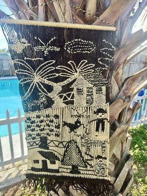  VTG Peruvian Alpaca Handwoven  Wall Hanging Folk Art Scenic Textile 14 x30 