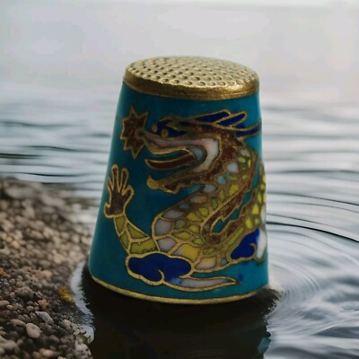 Chinesischer Drache Vintage alter Metall Fingerhut selten Sammlerstück Faux Cloisonne 1993